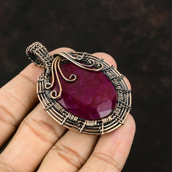 Kashmir Ruby Oval Red Handmade Copper Wire Wrapped Pendant