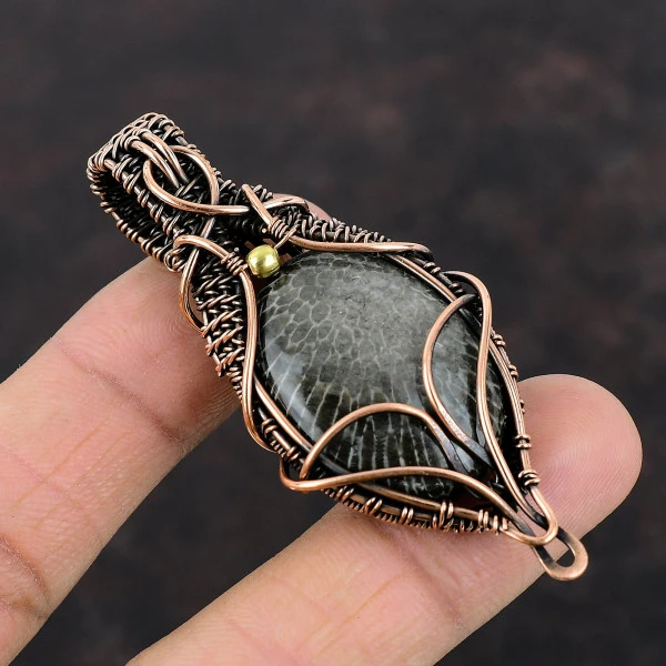 Stingray Coral Oval Black Handmade Copper Wire Wrapped Pendant