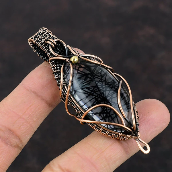 Black Rutile Oval Black Handmade Copper Wire Wrapped Pendant