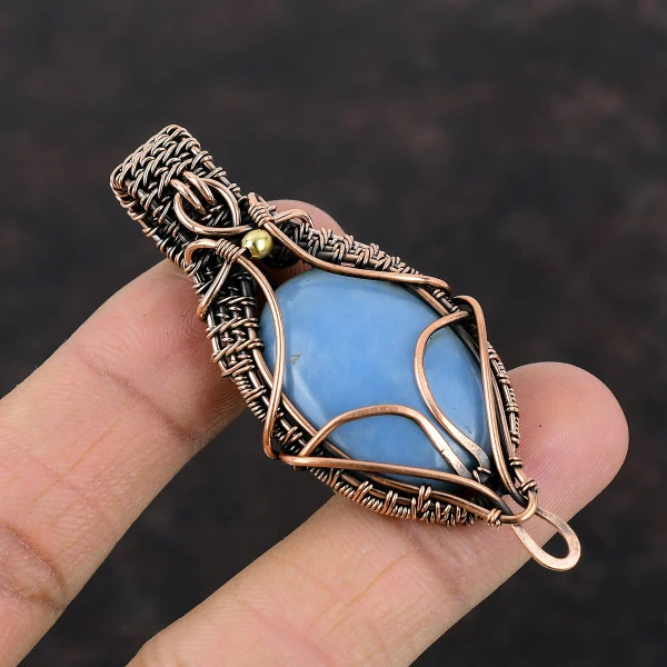 Angelite Oval Blue Handmade Copper Wire Wrapped Pendant