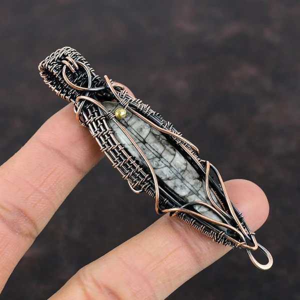 Orthoceras Fossil Pear Black Handmade Copper Wire Wrapped Pendant