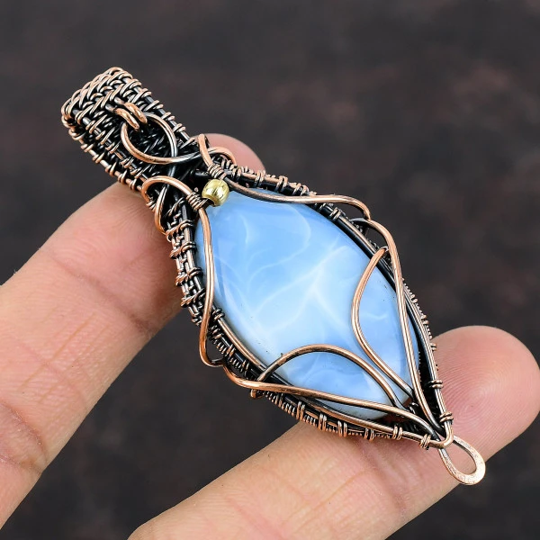 Owyhee Blue Opal Oval Blue Handmade Copper Wire Wrapped Pendant