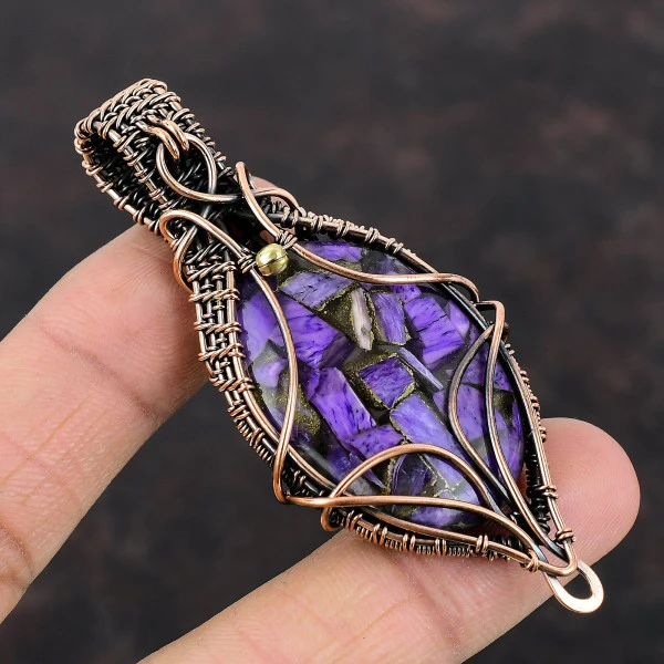 Copper Charoite Oval Purple Handmade Copper Wire Wrapped Pendant