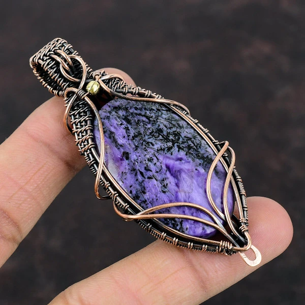 Charoite Oval Purple Handmade Copper Wire Wrapped Pendant