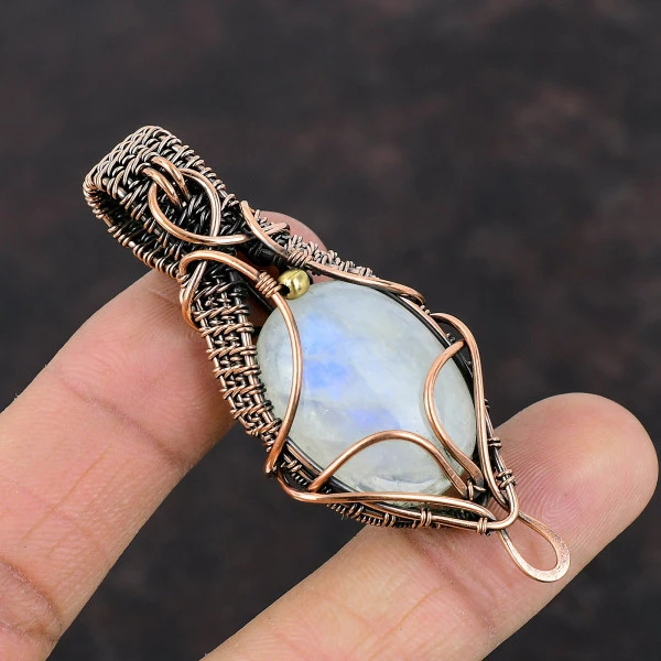 Rainbow Moonstone Oval White Handmade Copper Wire Wrapped Pendant