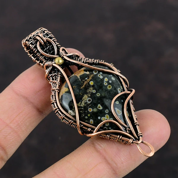 Ocean Jasper Oval Green Handmade Copper Wire Wrapped Pendant