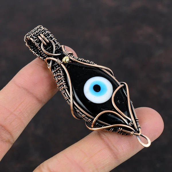 Black Color Evil Eye Marquise Black Handmade Copper Wire Wrapped Pendant