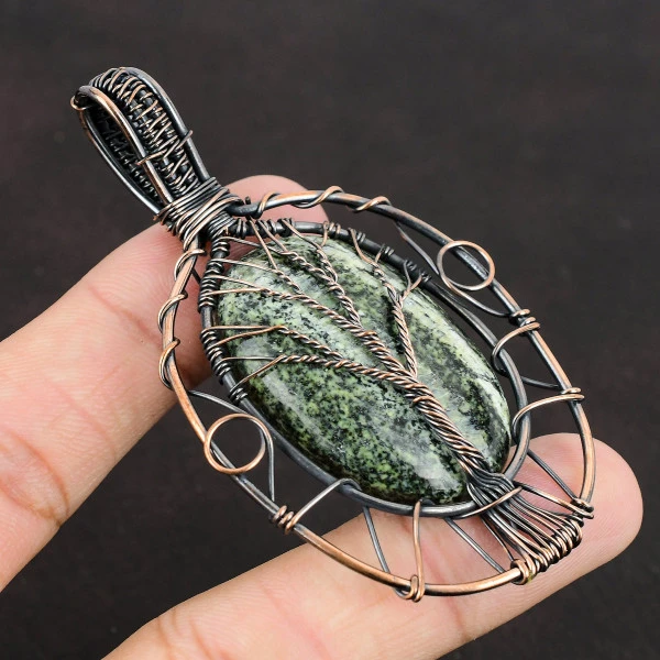 Green Swiss Opal Oval Green Handmade Copper Wire Wrapped Pendant