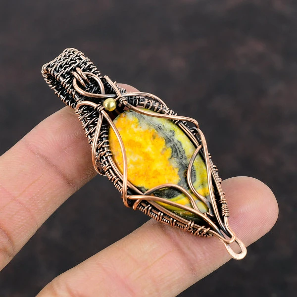 Bumble Bee Jasper Pear Yellow Handmade Copper Wire Wrapped Pendant