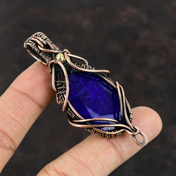 Blue Sapphire Oval Blue Handmade Copper Wire Wrapped Pendant