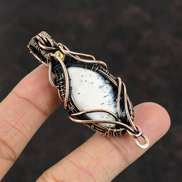Dendrite Opal Oval White Handmade Copper Wire Wrapped Pendant