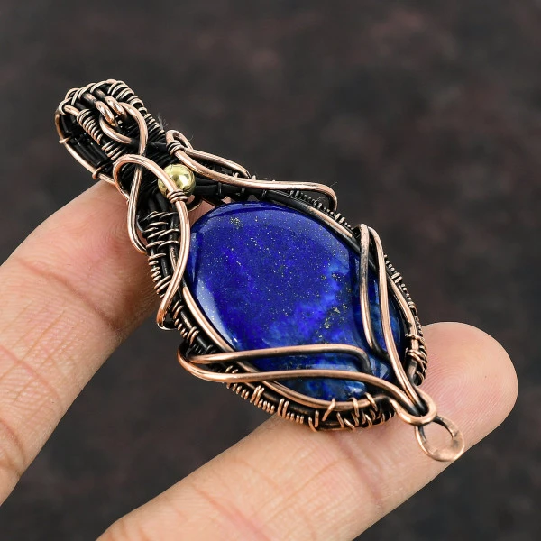 Lapis Lazuli Oval Blue Handmade Copper Wire Wrapped Pendant