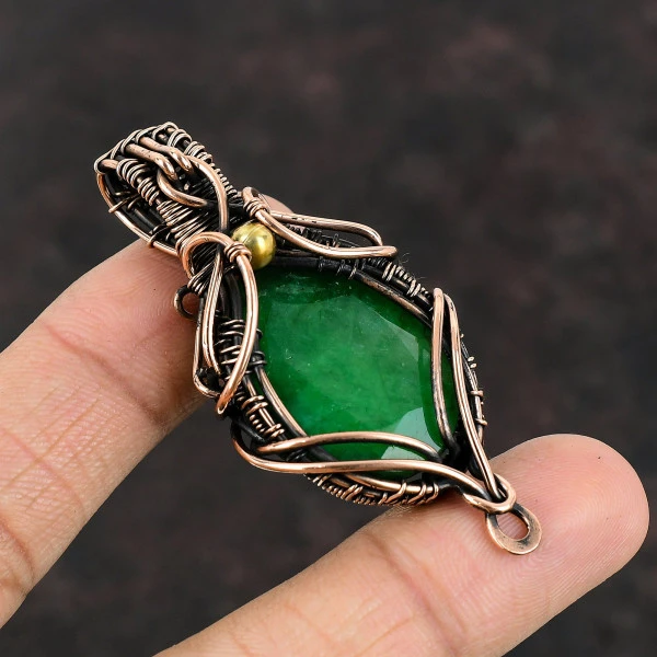 Zambian Emerald Oval Green Handmade Copper Wire Wrapped Pendant
