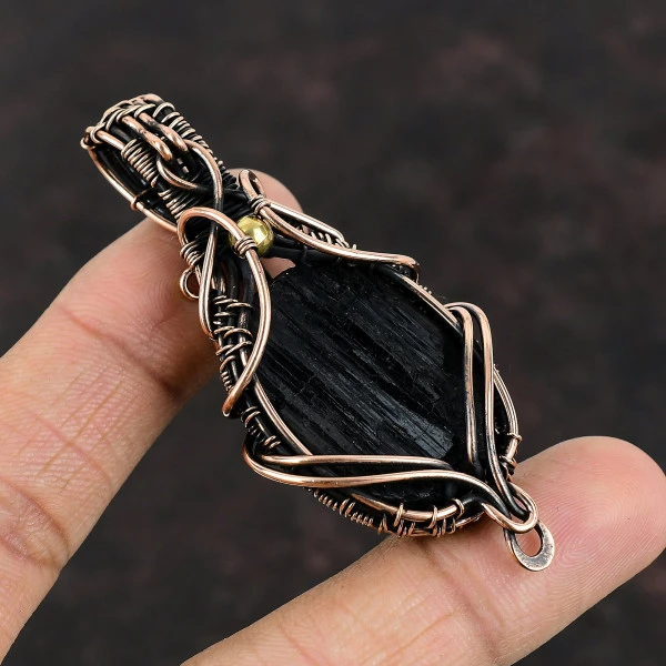 Black Tourmaline Rough Oval Black Handmade Copper Wire Wrapped Pendant