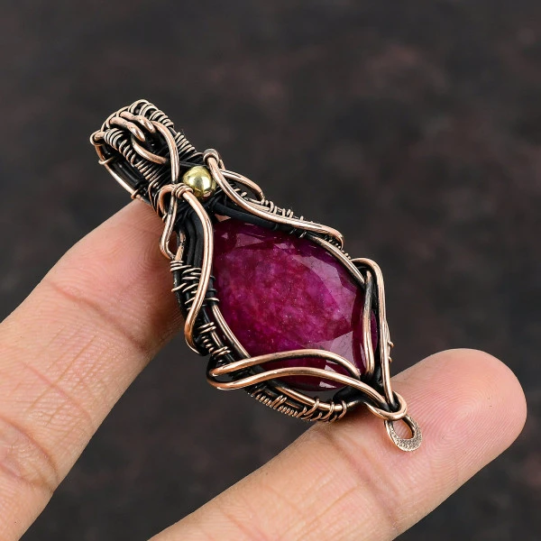 Kashmir Ruby Oval Red Handmade Copper Wire Wrapped Pendant