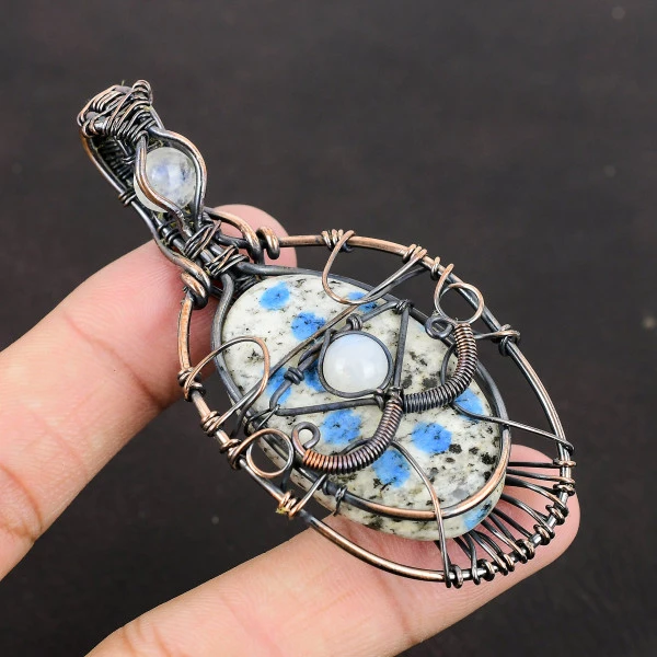 K2 Jasper Oval White Handmade Copper Wire Wrapped Pendant