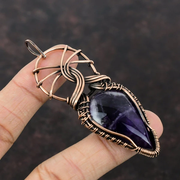 Chevron Amethyst Pear Purple Handmade Copper Wire Wrapped Pendant