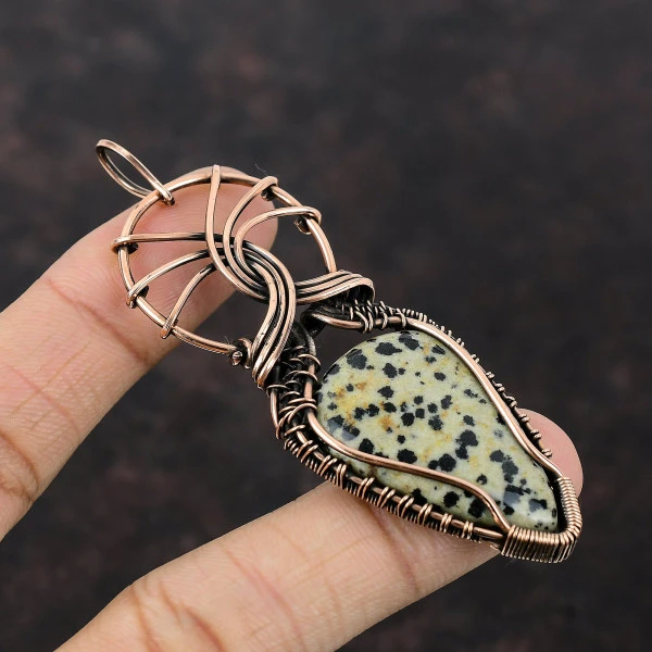 Dalmatian Jasper Pear White Handmade Copper Wire Wrapped Pendant