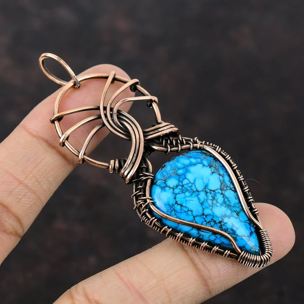 Tibetan Turquoise Pear Blue Handmade Copper Wire Wrapped Pendant