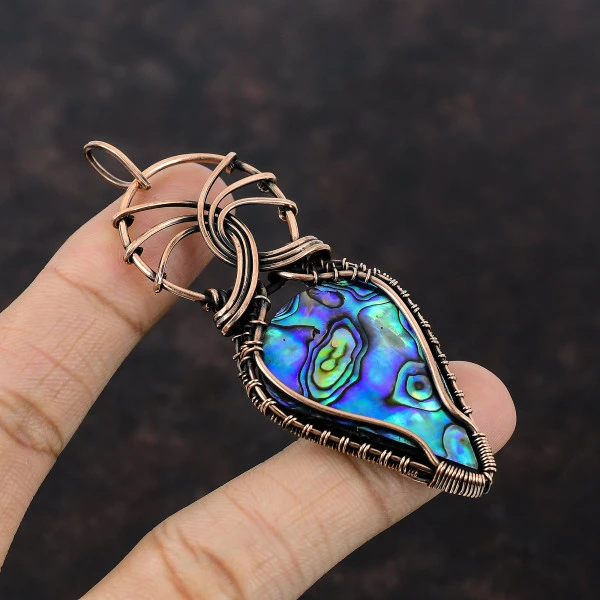Abalone Shell Pear Blue Handmade Copper Wire Wrapped Pendant