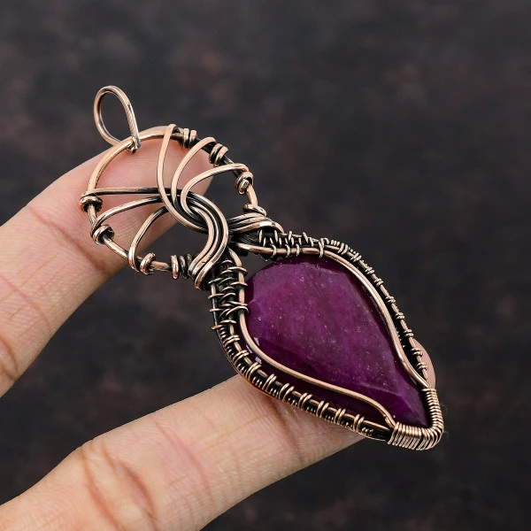Kashmir Ruby Pear Red Handmade Copper Wire Wrapped Pendant