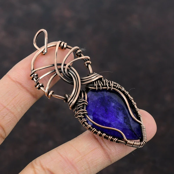 Blue Sapphire Pear Blue Handmade Copper Wire Wrapped Pendant