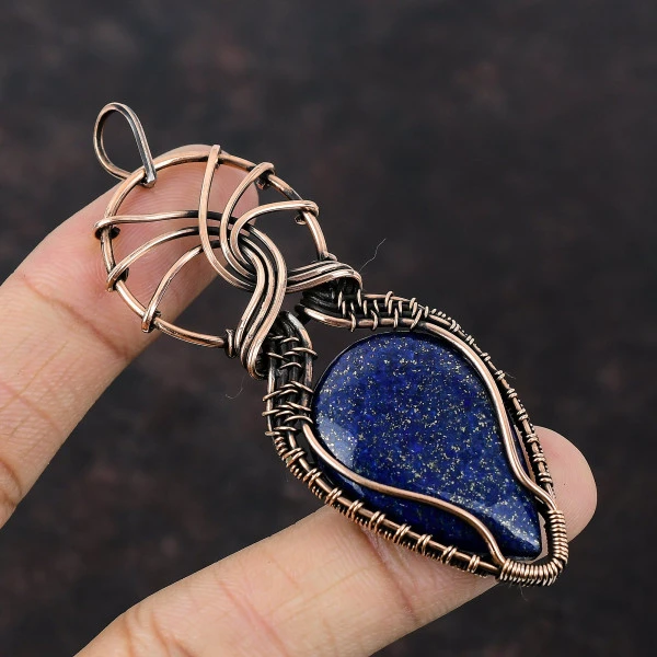 Lapis Lazuli Pear Blue Handmade Copper Wire Wrapped Pendant