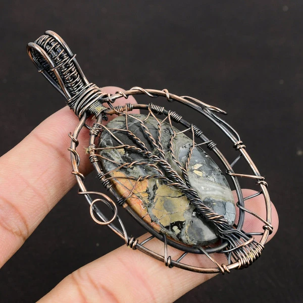 Maligano Jasper Oval Black Handmade Copper Wire Wrapped Pendant