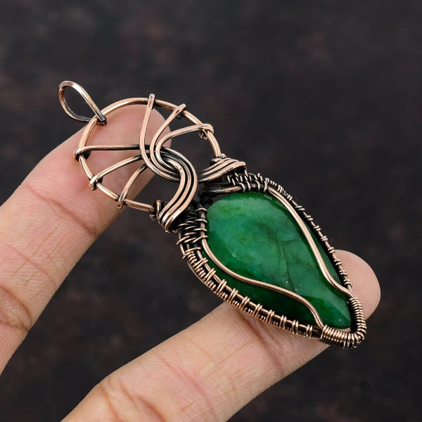 Zambian Emerald Pear Green Handmade Copper Wire Wrapped Pendant