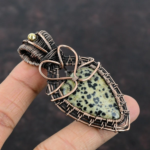 Dalmatian Jasper Trillion White Handmade Copper Wire Wrapped Pendant