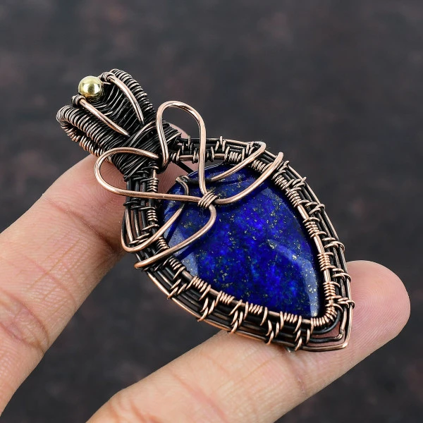 Lapis Lazuli Pear Blue Handmade Copper Wire Wrapped Pendant