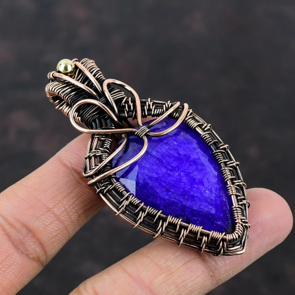 Blue Sapphire Pear Blue Handmade Copper Wire Wrapped Pendant