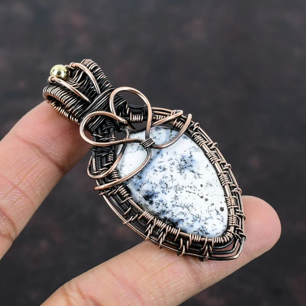 Dendrite Opal Pear White Handmade Copper Wire Wrapped Pendant