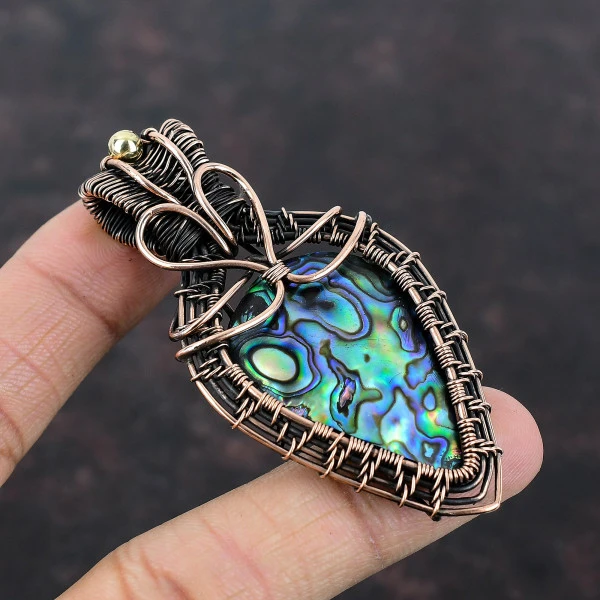 Abalone Shell Pear Green Handmade Copper Wire Wrapped Pendant