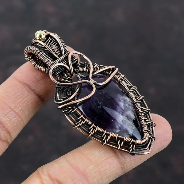 Chevron Amethyst Pear Purple Handmade Copper Wire Wrapped Pendant