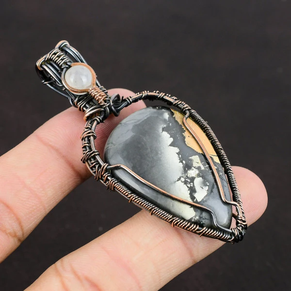 Maligano Jasper Pear Black Handmade Copper Wire Wrapped Pendant