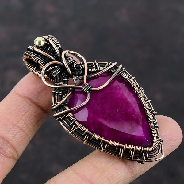 Kashmir Ruby Pear Red Handmade Copper Wire Wrapped Pendant