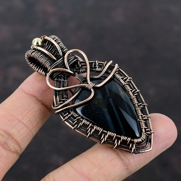 Pietersite Pear Black Handmade Copper Wire Wrapped Pendant