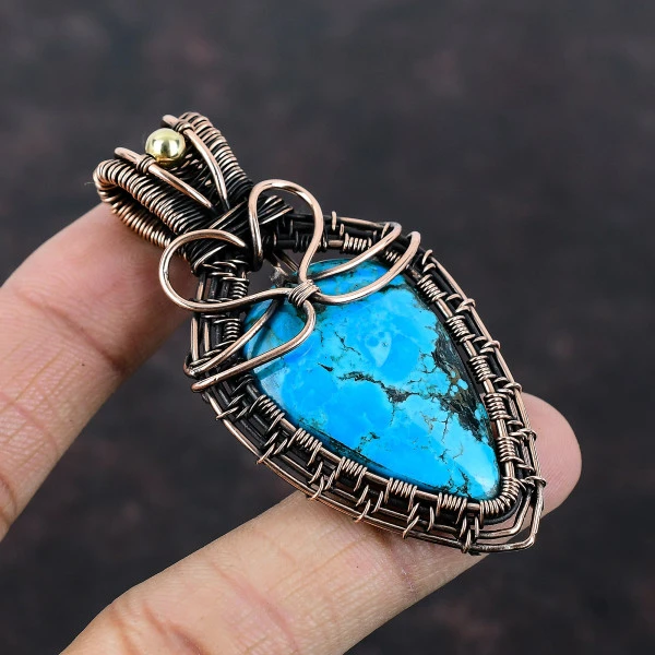Tibetan Turquoise Pear Blue Handmade Copper Wire Wrapped Pendant