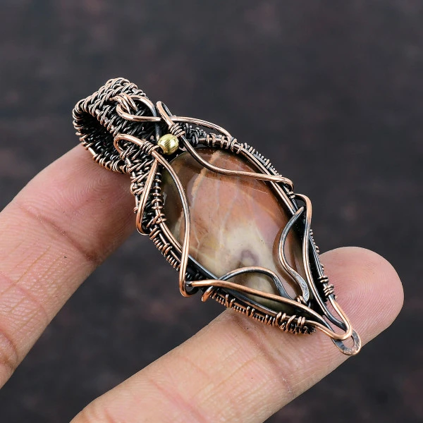 Polychrome Jasper Pear Brown Handmade Copper Wire Wrapped Pendant