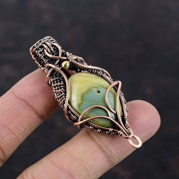 Imperial Jasper Oval Green Handmade Copper Wire Wrapped Pendant