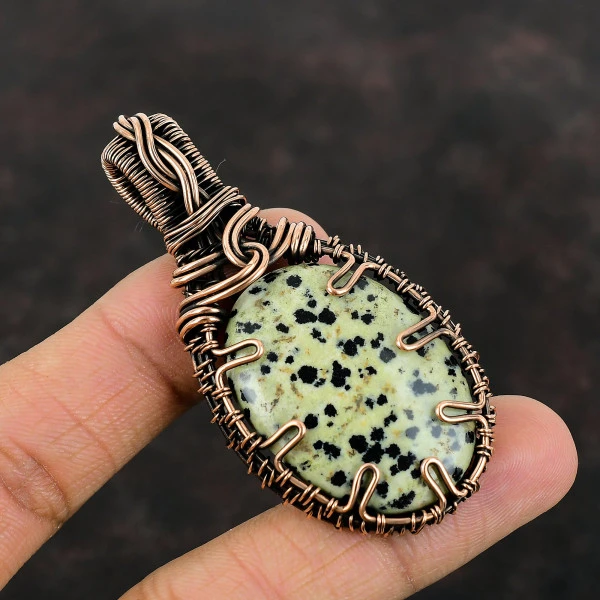 Dalmatian Jasper Oval White Handmade Copper Wire Wrapped Pendant