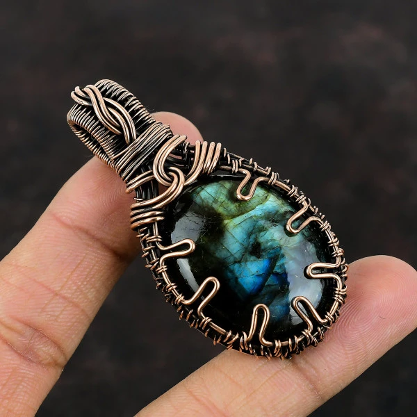 Labradorite Oval Gray Handmade Copper Wire Wrapped Pendant
