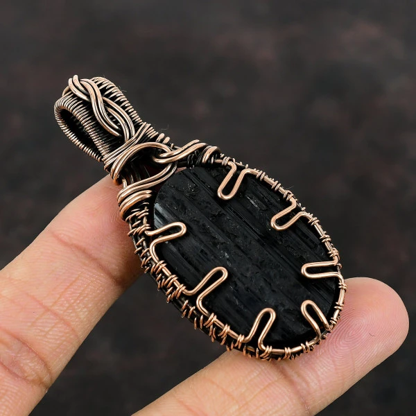 Black Tourmaline Rough Oval Black Handmade Copper Wire Wrapped Pendant
