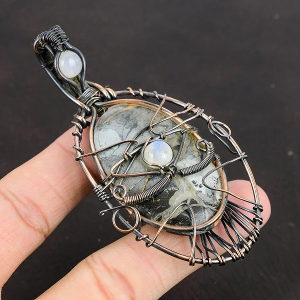 Maligano Jasper Oval Black Handmade Copper Wire Wrapped Pendant