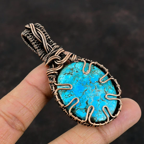 Tibetan Turquoise Oval Blue Handmade Copper Wire Wrapped Pendant