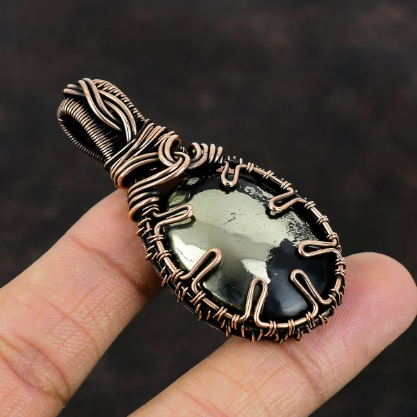 Pyrite Oval Gold Handmade Copper Wire Wrapped Pendant