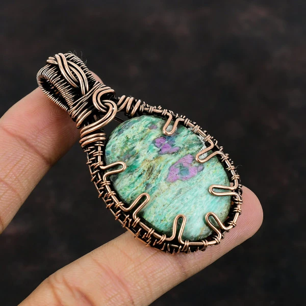 Ruby Fuchsite Oval Green Handmade Copper Wire Wrapped Pendant