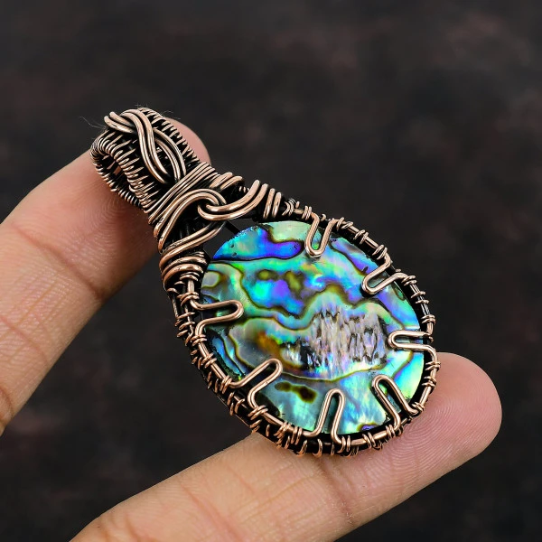 Abalone Shell Oval Green Handmade Copper Wire Wrapped Pendant