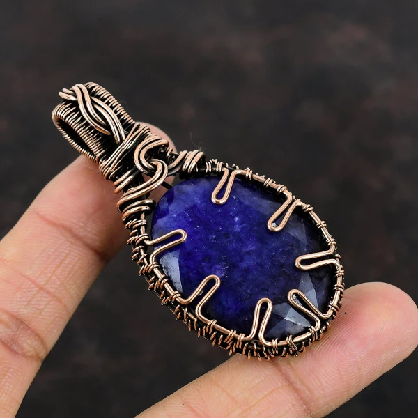 Blue Sapphire Oval Blue Handmade Copper Wire Wrapped Pendant